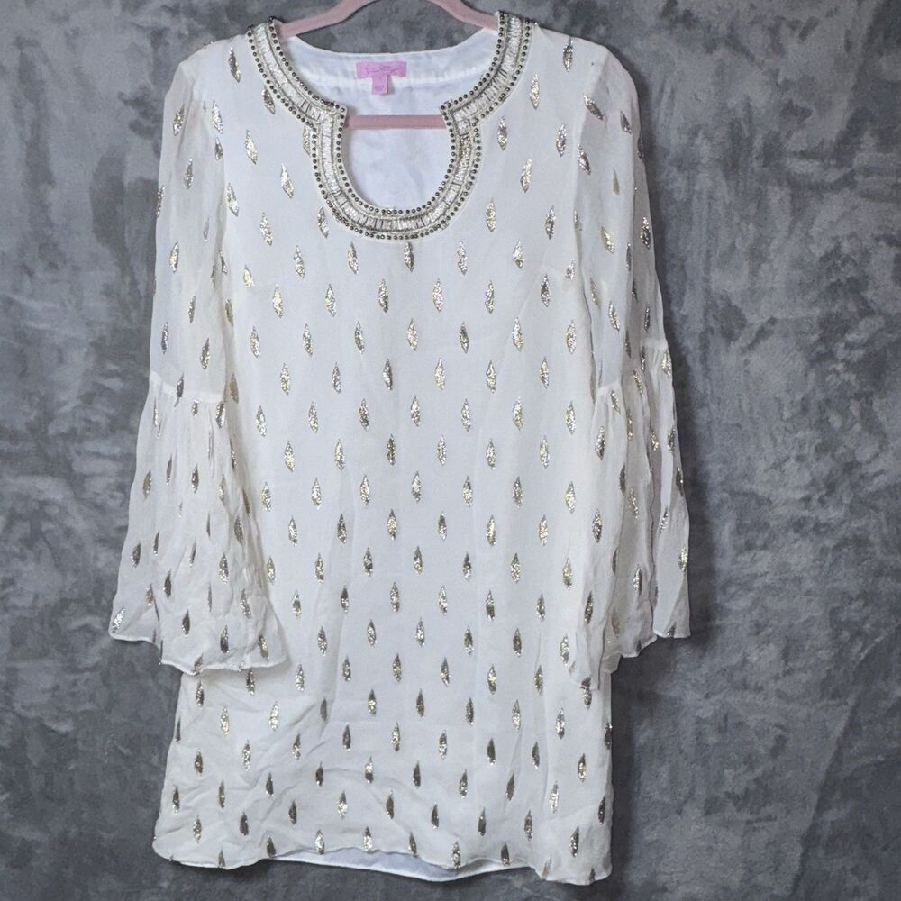 Lilly Pulitzer Sz 4 Gold White Midi Dress Long Sleeve V Neck India